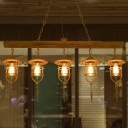 5 Lights Metallic Billiard Lamp Vintage Brown Caged Dining Room Hanging Island Light with Linear Wood Shelf