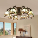 Cut Glass Bowl Semi Flush Mount Light Fixture Tiffany 5/8 Lights Green Ceiling Lamp for Bedroom