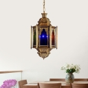 Traditional Incense Burner Pendant 3 Lights Metal Chandelier Lamp in Brass with Colorful Glass Shade