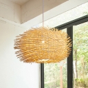 Sphere Pendant Light Asian Bamboo 1 Head Beige Suspended Lighting Fixture for Teahouse