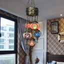 5 Bulbs Stained Glass Chandelier Lamp Vintage Blue/Orange 3 Layer Restaurant Hanging Ceiling Light