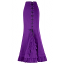 Formal Pretty Women's High Waist Lace Up Front Ruffle Trim Patched Plain Maxi Tight Fishtail Skirt