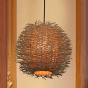 1 Head Handcrafted Ceiling Light Japanese Rattan Suspended Lighting Fixture in Beige