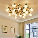 Antique Flower Ceiling Light Fixture 16 Bulbs Metal LED Semi Mount Lighting for Living Room in Brass