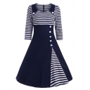 Cute Fancy Girls' Three-Quarter Sleeve Lapel Neck Button Front Stripe Patched Long Swing Dress
