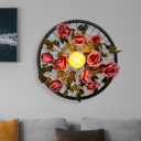 Metal Black Wall Sconce Wheel 1 Bulb Retro LED Wall Mount Light with Rose Decoration
