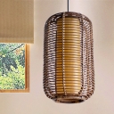 1 Bulb Cylindrical Pendant Lighting Japanese Bamboo Ceiling Suspension Lamp in Brown