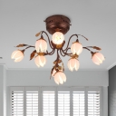Rust 9 Heads Semi Flush Light Antique Frosted Pink Glass Lotus LED Ceiling Fixture for Living Room