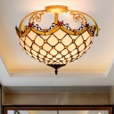 Tiffany Scalloped Ceiling Mounted Fixture 3 Lights Cut Glass Semi Mount Lighting in Beige for Bedroom