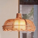 Beige Dome Pendant Lamp Asian 1 Bulb Bamboo Hanging Ceiling Light with Inner Cylinder Parchment Shade