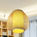 Bamboo Droplet Hanging Lamp Chinese 1 Bulb Beige Ceiling Pendant Light with Tubular Parchment Shade