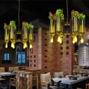Wine Bottle Restaurant Chandelier Light Industrial Metal 6 Bulbs LED Green Plant Hanging Lamp