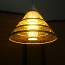 Chinese 1 Bulb Pendant Light Beige Conical Suspended Lighting Fixture with Bamboo Shade