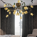 Tulip Amber Glass Chandelier Light Traditionalism 20 Bulbs Living Room LED Pendant Lamp in Brass