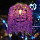 Metal Cylinder Drop Lamp Vintage 1 Light Restaurant LED Pendant Lighting in Pink/Purple with Flower Decoration