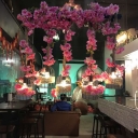 Caged Restaurant Island Ceiling Light Retro Metal 5 Heads Black Drop Lamp with Flower Decor