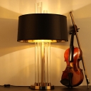 Crystal Rod Black Table Light Drum Single Bulb Vintage Night Lamp with Round Pedestal