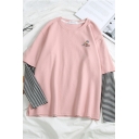 Womens Lovely Cartoon Letter Printed Stripe Patched Long Sleeves Relaxed Fit Graphic T-Shirt