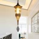 Amber Ribbing Glass Brass Pendant Light Jar Shaped 1 Light Traditionalist Hanging Ceiling Lamp