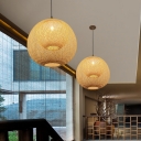 1 Bulb Hand-Woven Ceiling Light Japanese Bamboo Pendant Lighting Fixture in Beige