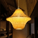 Handcrafted Bamboo Ceiling Lamp Asia 1 Bulb Beige Hanging Light Kit for Teahouse