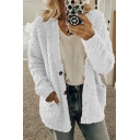 Thickened Long Sleeve Button Front Pockets Side Shearling Fleece Relaxed Plain Coat for Women
