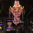 Antique Candle Hanging Chandelier 6/8 Bulbs Metal Flower Pendant Light Fixture in Pink for Restaurant