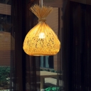 1 Bulb Hand-Woven Pendant Lighting Chinese Bamboo Hanging Ceiling Light in Khaki