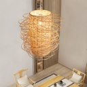 Chinese 1 Bulb Ceiling Lamp Beige Cylinder Hanging Light Fixture with Rattan Shade