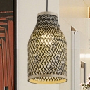 1 Head Hand-Worked Pendant Lighting Chinese Rattan Ceiling Suspension Lamp in Black