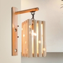 Wood Rectangle Wall Lamp Chinese 1 Bulb Beige Sconce Light Fixture with Half-Cylinder Backplate