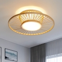 Round Flush Mount Chinese Bamboo 1 Bulb Beige Ceiling Mounted Fixture for Bedroom