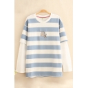 Lovely Milk and Mouse Printed Fake Two Piece Patch Long Sleeves Blue and White Striped Sweatshirt