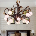 Floral Dining Room Ceiling Chandelier Traditional Purple Glass 12 Heads Brown Hanging Light Fixture