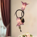 Flared White/Purple Glass Sconce Traditionalism 2 Heads Living Room Wall Light Fixture in Gold/Black