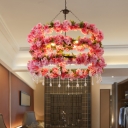 Pink 6 Heads Chandelier Lighting Vintage Metal Flower LED Suspension Pendant with Crystal Accent