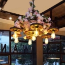 Gear Restaurant Chandelier Lighting Fixture Vintage Metal 7 Lights Pink Cherry Blossom Suspension Lamp