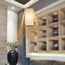 Bamboo Conical Pendant Light Asian 1 Head Beige Ceiling Suspension Lamp with Inner Tubular White Shade