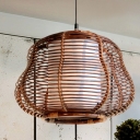 Gourd Hanging Lamp Asian Bamboo 1 Head Brown Pendant Light Fixture with Inner Tubular White Parchment Shade