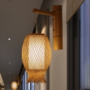 Bamboo Lantern Sconce Asian 1 Head Khaki Wall Mounted Light Fixture with Inner Cylinder White Parchment Shade