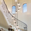 12 Bulbs Stair Cluster Pendant Modern Black Hanging Light Fixture with Drum Clear Crystal Shade