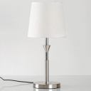 Flared Fabric Table Light Modern 1 Bulb White Small Desk Lamp with Silver Round Metal Base