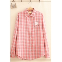 Trendy Female Long Sleeve Lapel Neck Button Down Plaid Printed Bear Letter Embroidered Loose Fit Shirt