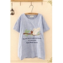 Leisure Womens Short Sleeve Round Neck Letter Squirrel Embroidered Linen Long Loose T Shirt