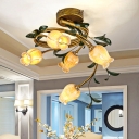Brass 5 Lights Semi Flush Mount Country Frosted Glass Tulip LED Ceiling Mounted Light for Living Room