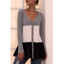 Fashionable Women's Long Sleeve V-Neck Button Down Colorblock Waffle-Knit Slim Fit Cardigan in Gray