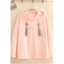 Chinese Style Girls' Long Sleeve Fringe Chinese Knots Drawstring Chinese Letter Print Loose Fit Hoodie