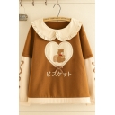 Fashionable Women's Long Sleeve Peter Pan Collar Japanese Letter Bear Graphic Lace Up Contrasted Relaxed Sweatshirt