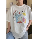 White Trendy Short Sleeve Crew Neck Cute Painting Loose Fit T Shirt for Girls