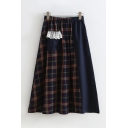 Unique Street Womens Elastic Waist Checker Printed Color Block Lace Trim Pocket Long Pleated A-Line Skirt in Navy